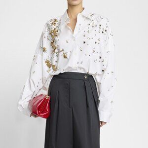 NWT DRIES VAN NOTEN Casia Embellished Sequin white cotton poplin shirt (XS)